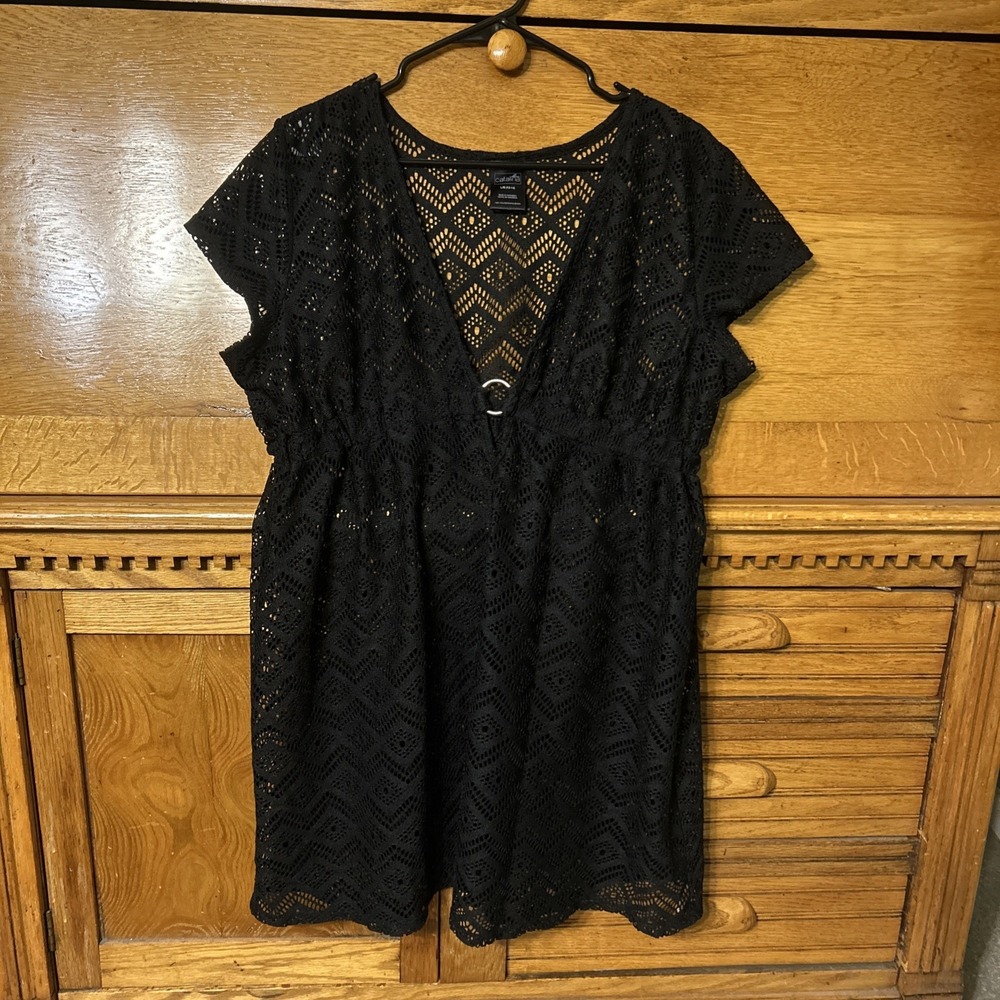 Catalina Boho Beach Black Crochet Lace Swimsuit Cover Up Dress V-Neck Lace Chic